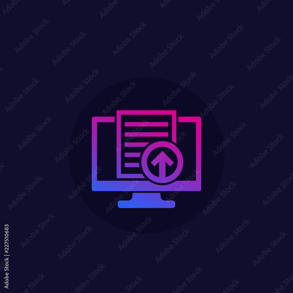 Poster upload document, file via computer, vector icon