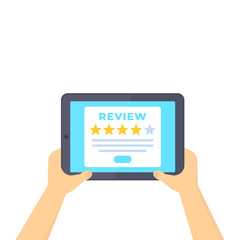 Customer review, feedback, tablet in hands, vector illustration