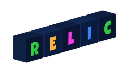 Relic - multi-colored text written on isolated 3d boxes on white background