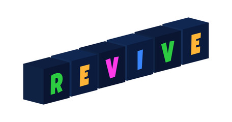 Revive - multi-colored text written on isolated 3d boxes on white background