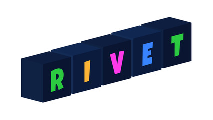 Rivet - multi-colored text written on isolated 3d boxes on white background