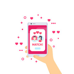 Online dating app, match on screen, smartphone in hand, vector