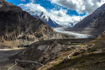 Drang Drung Glacier near Pensi La mountain pass (National Highway 301) and under shades of two mountain peaks of Nun and Kun, Kargil district, Ladakh region, India.
