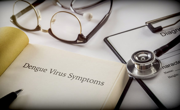 Dengue virus symptoms, book together to form of diagnosis, conceptual image