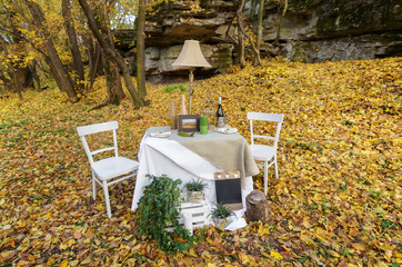 furniture and table setting in nature in the fall in the yellow foliage