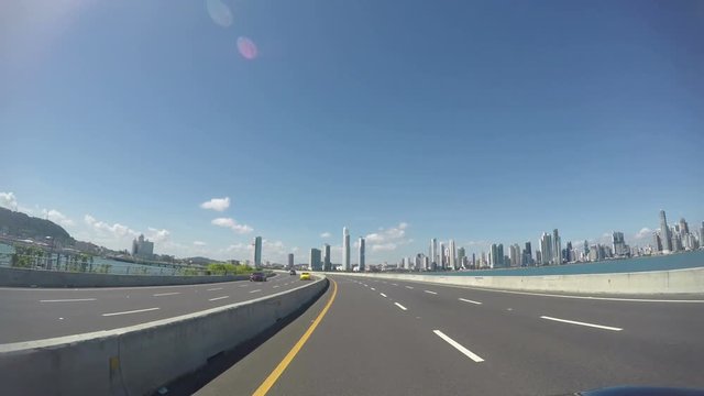 Morning traffic on Balboa avenue in Panama City skyscrapers skyline in Panama