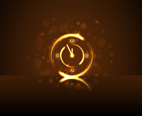 Magic gold clock countdown five minute time. Happy New Year background. Golden decoration for Christmas card, greeting. Shiny sparkle night design. Symbol of wish, celebration. Vector illustration