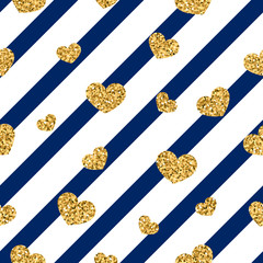 Gold heart seamless pattern. Blue-white geometric stripes, golden confetti-hearts. Symbol of love, Valentine day holiday. Design wallpaper, background, fabric texture. Vector illustration