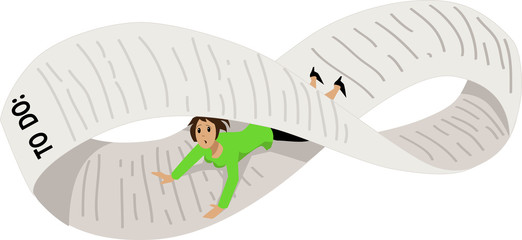 Disoriented woman on an endless to-do list, bent into a Möbius strip, EPS 8 vector illustration