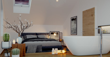 uxury bedroom with free bathtube in candle light at the evening 3d rendering