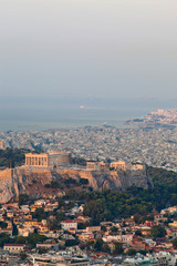 Fototapeta premium cityscape of Athens in early morning with the Acropolis seen from Lycabettus Hill, the highest point in the city