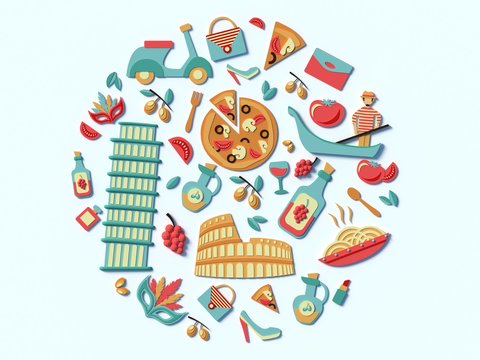 A stylized compilation of the sights of Italy. Food and buildings of Rome. Flatley and 3d icons