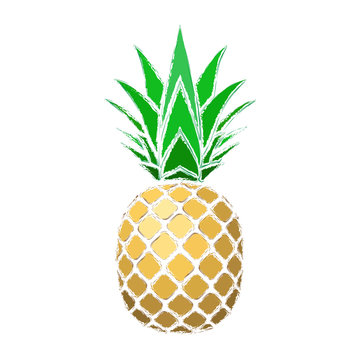 Pineapple grunge with leaf. Tropical gold exotic fruit isolated white background. Symbol of organic food, summer, vitamin, healthy. Nature logo. Design element silhouette icon. Vector illustration