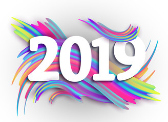 2019 New Year on the background of a colorful brushstroke oil or acrylic paint design element. Vector illustration