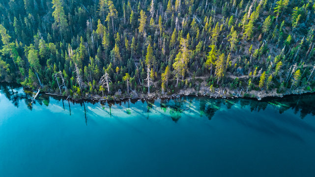 Drone view of the shore at Lake Tahoe California