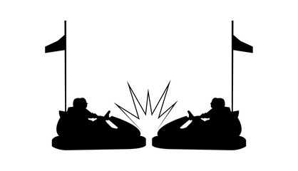 Two amusement park bumper cars hit silhouettes, isolated on white background