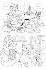 Cinderella. Little Red Riding Hood. Two fairy tales. Coloring page. Illustration for children. Cute and funny cartoon characters