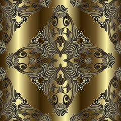 Ornate Baroque gold vector seamless pattern. Surface drapery gold 3d background. Damask antique ornament. Vintage flowers, scroll leaves. Rich design in baroque Victorian style. Modern surface texture