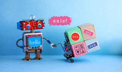 Special sales discount season promotion poster. Funny robot moving shopping cart boxes with discount advertising stickers. Blue background.