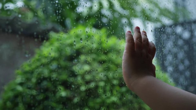slow motion, baby hand touch window with rain drops on glass