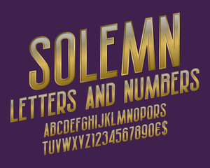 Solemn alphabet with numbers and currency signs. Golden font.