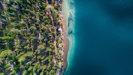 Drone view of the shore at Lake Tahoe California
