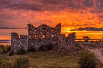 Beautiful sunset on the Brahehus ruined castle, near the Vattern Lake, Sweden