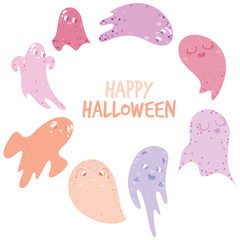 Cute ghosts in pinks in a circular frame with Happy Halloween typography on an isolated white background