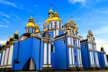 Beautiful blue St. Michael`s Golden domed male monastery, The oldest Christian cathedral of Ukraine, Ukrainian Orthodox Church of the Kiev Patriarchate, in the evening