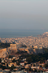 Fototapeta premium cityscape of Athens in early morning with the Acropolis seen from Lycabettus Hill, the highest point in the city