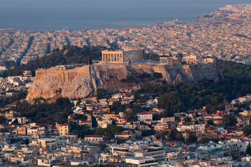 cityscape of Athens in early morning with the Acropolis seen from Lycabettus Hill, the highest point in the city