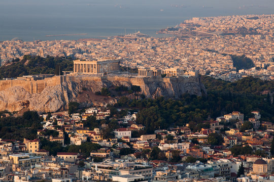 cityscape of Athens in early morning with the Acropolis seen from Lycabettus Hill, the highest point in the city