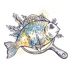 Illustration with fried fish in a pan. Can be used for cards, menu template, print and etc.