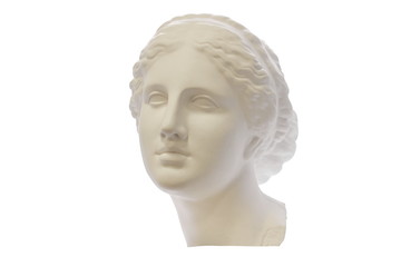 Gypsum head of ancient Greek young woman isolated on white background. For learning drawing.