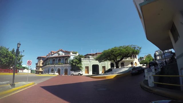 POV of a street and buildings in Casco Viejo in Panama City Panama. Casco Viejo is the historic district of Panama City 