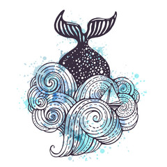 Illustration with a whale in the ocean. Can be used for cards, print and etc.