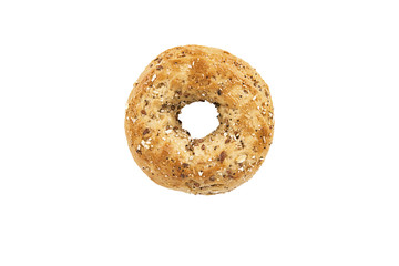 Multi-grain bagel bread, directly above. Isolated on white background.