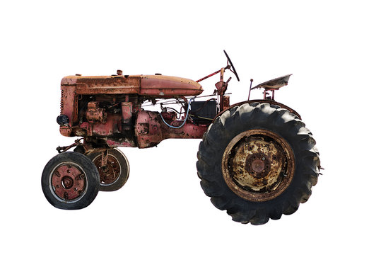 Rustic old red tractor, isolated on white background. Agriculture concept