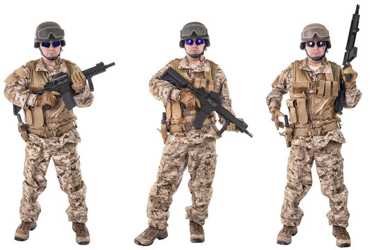 Set of military soldiers in camouflage clothes, isolated on white background. Ready for action.