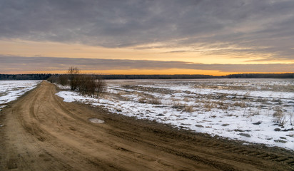 a dirt logging track through a field of snow going into the distance, with twilight sky