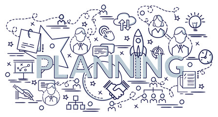Flat colorful design concept for Planning. Infographic idea of making creative products..Template for website banner, flyer and poster. Hand drawn doodle cartoon vector illustration.