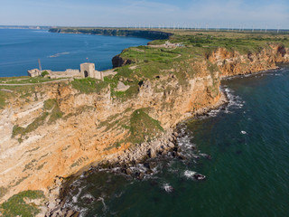 AERIAL view of monumental historical town of Kaliakra Unesco world heritage. Flying above archeological ruins of cape Kaliakra, Bulgaria