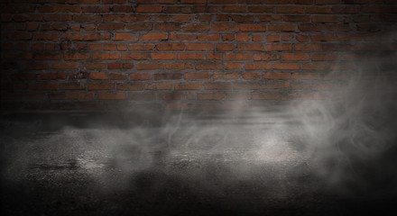 Background of empty dark room with concrete floor. Empty brick walls, neon light, smoke.