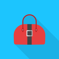 Red Women's handbag flat icon  with long shadow isolated on blue background. Simple handbag sign symbol in flat style. Fashion element Vector illustration for web and mobile design.
