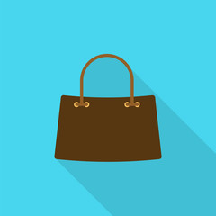 Women's handbag flat icon  with long shadow isolated on blue background. Simple handbag sign symbol in flat style. Fashion element Vector illustration for web and mobile design.