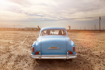 Rear view of friends in vintage car on field © Cavan for Adobe