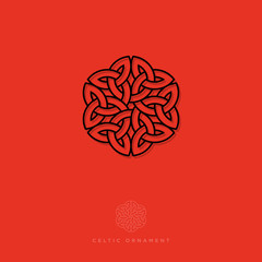 Celtic ornament. Rosette pattern, interlaced lines in a floral motif, isolated on a dark background. Black lines ornament. Monochrome option.