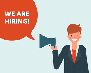 We are hiring concept banner. Businessman character with a megaphone.