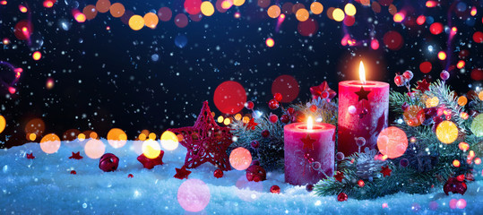Christmas Decorations With Candles and Colored Lights Effects