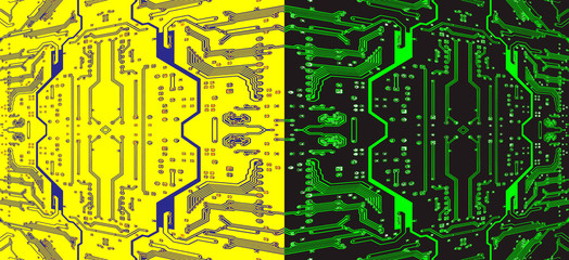 Divided in half multicolored circuit board symmetrical pattern as abstract technology background.